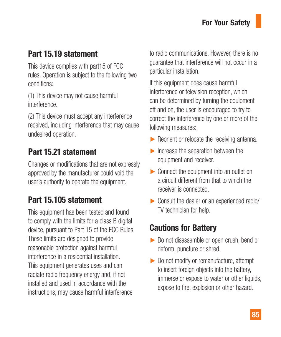 Part 15.19 statement, Part 15.21 statement, Cautions for battery | LG A380 User Manual | Page 85 / 114