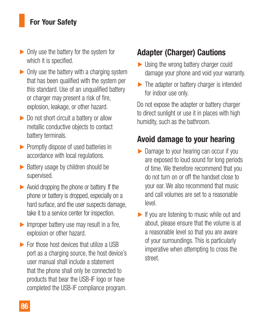 Adapter (charger) cautions, Avoid damage to your hearing | LG A380 User Manual | Page 86 / 114