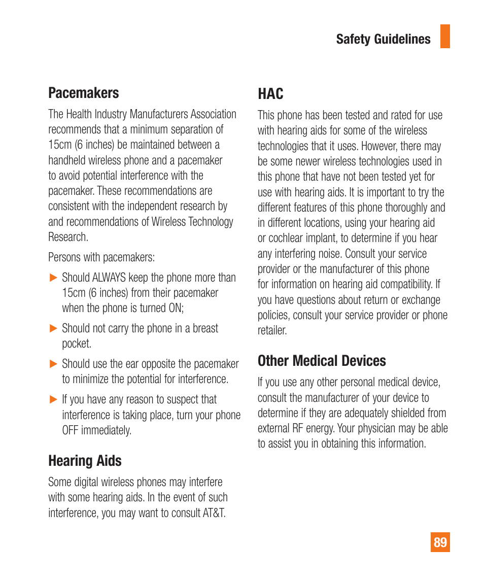 Pacemakers, Hearing aids, Other medical devices | LG A380 User Manual | Page 89 / 114