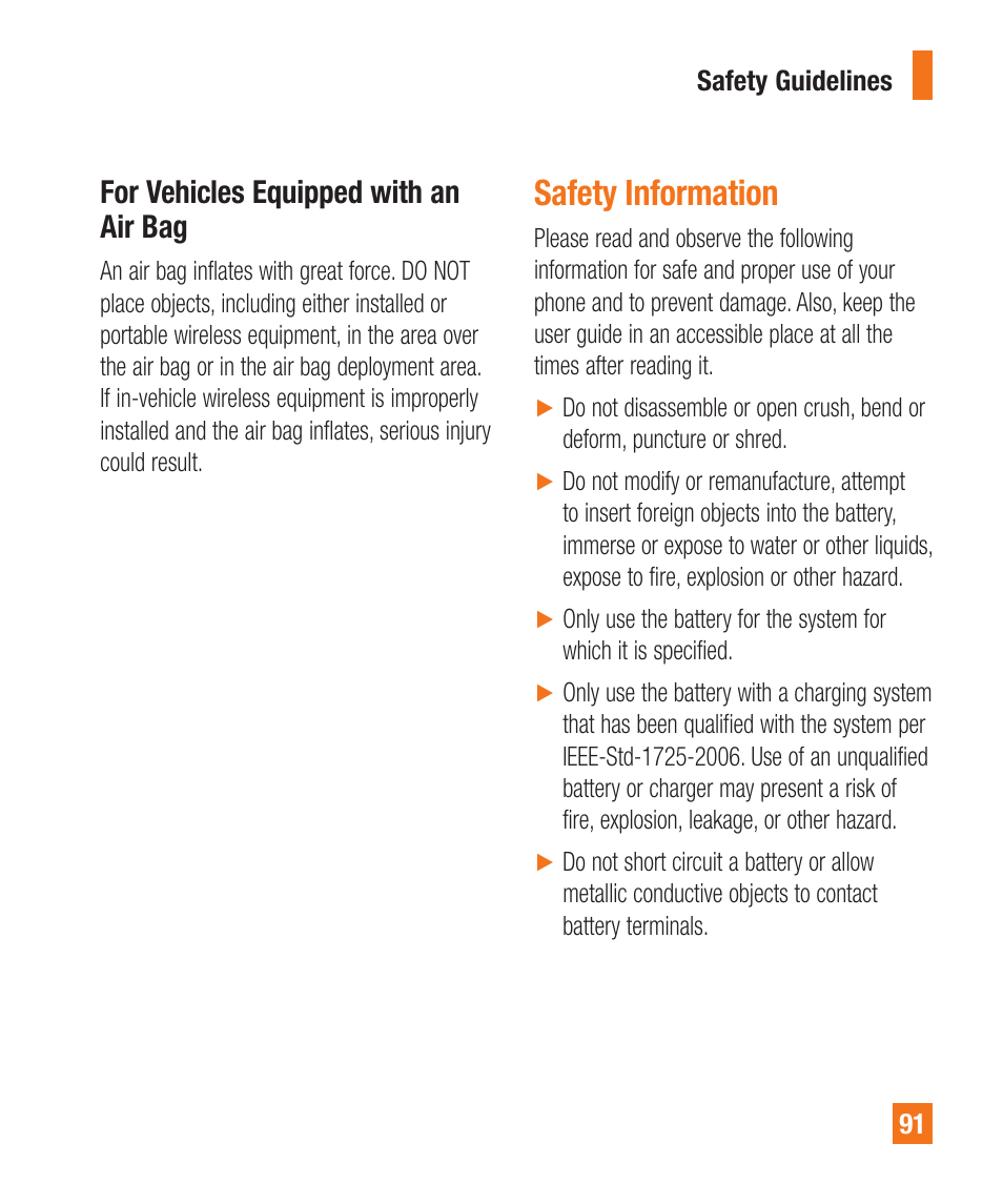 Safety information, For vehicles equipped with an air bag | LG A380 User Manual | Page 91 / 114
