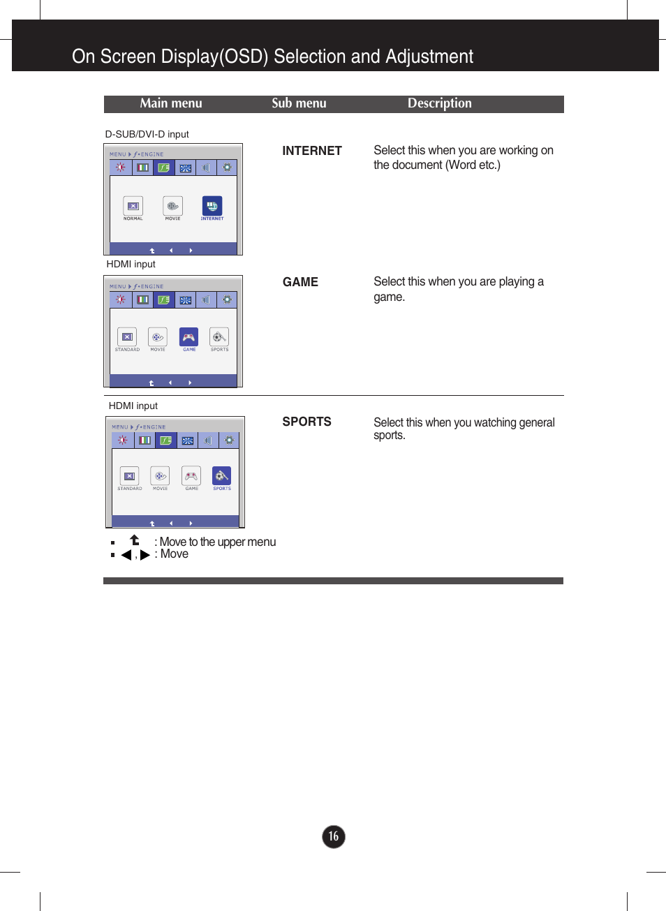 On screen display(osd) selection and adjustment | LG E2290V-SN User Manual | Page 17 / 26