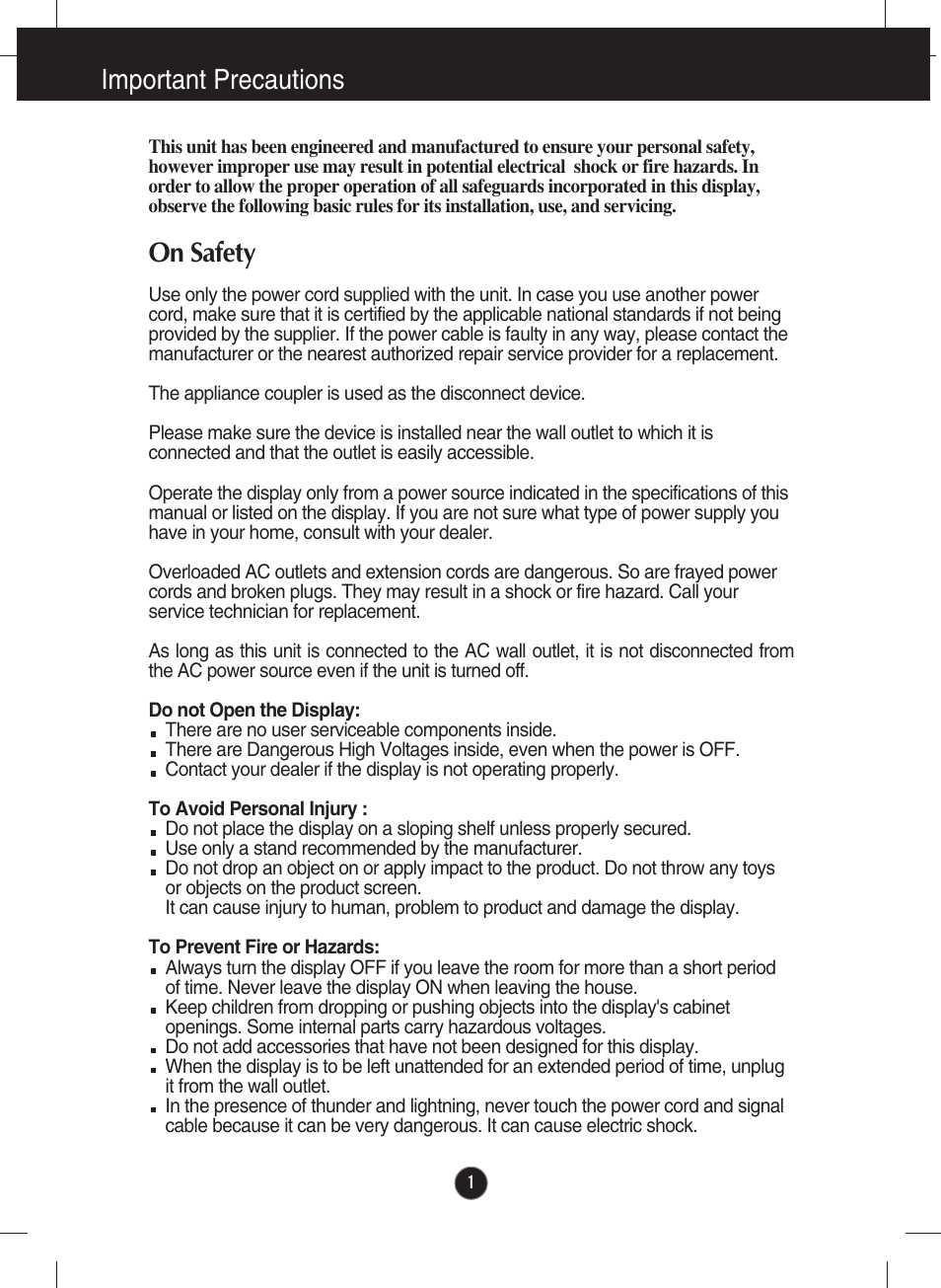 Important precautions, On safety | LG E2290V-SN User Manual | Page 2 / 26