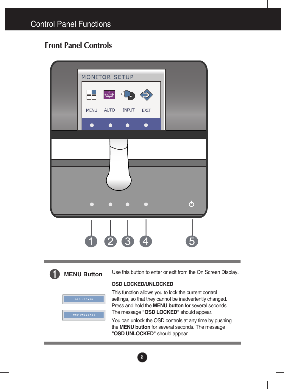 Control panel functions, Front panel controls, Control panel functions front panel controls | LG E2290V-SN User Manual | Page 9 / 26