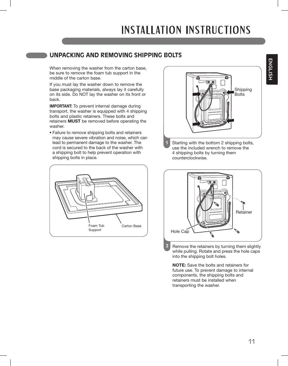 Unpacking and removing shipping bolts | LG WM3360HWCA User Manual | Page 11 / 108