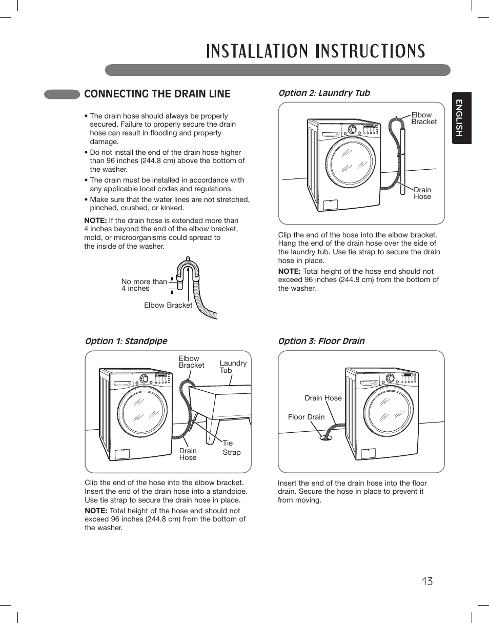 Connecting the drain line | LG WM3360HWCA User Manual | Page 13 / 108