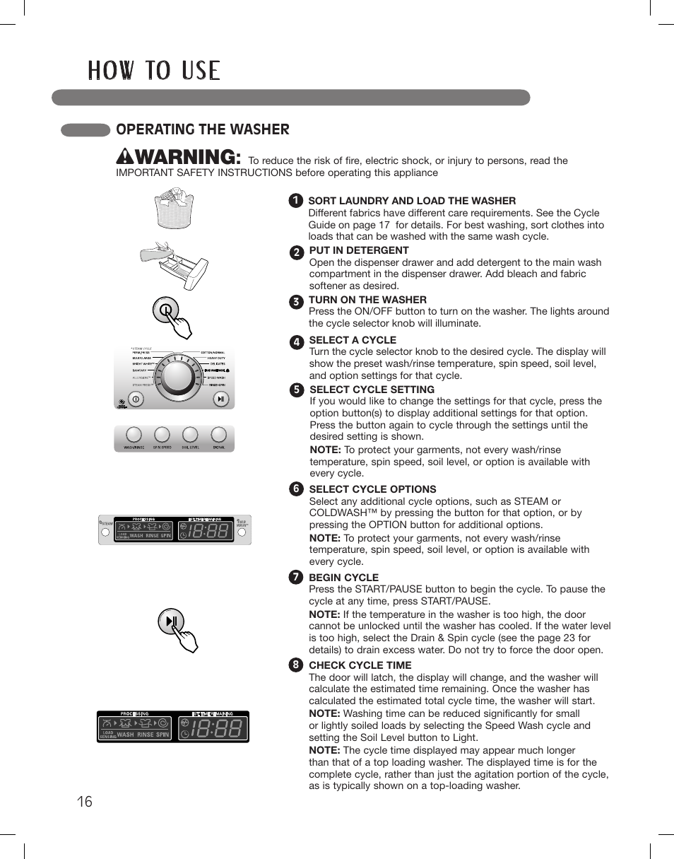 H o w to u s e, Wwarning, Operating the washer | LG WM3360HWCA User Manual | Page 16 / 108