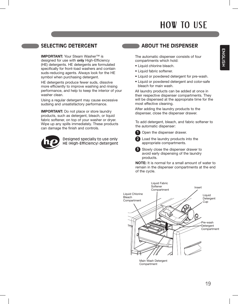 H o w to u s e, Selecting detergent about the dispenser | LG WM3360HWCA User Manual | Page 19 / 108