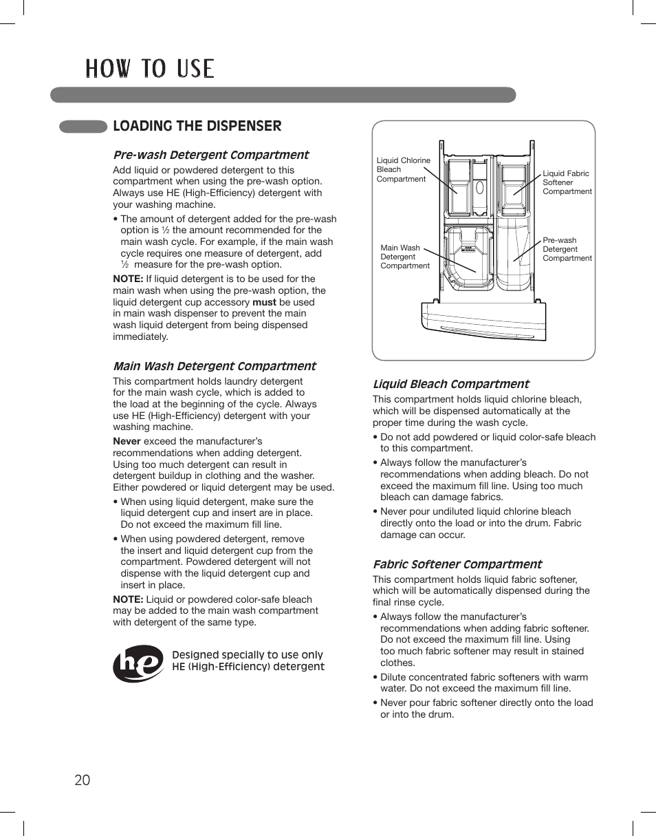 H o w to u s e, Loading the dispenser | LG WM3360HWCA User Manual | Page 20 / 108