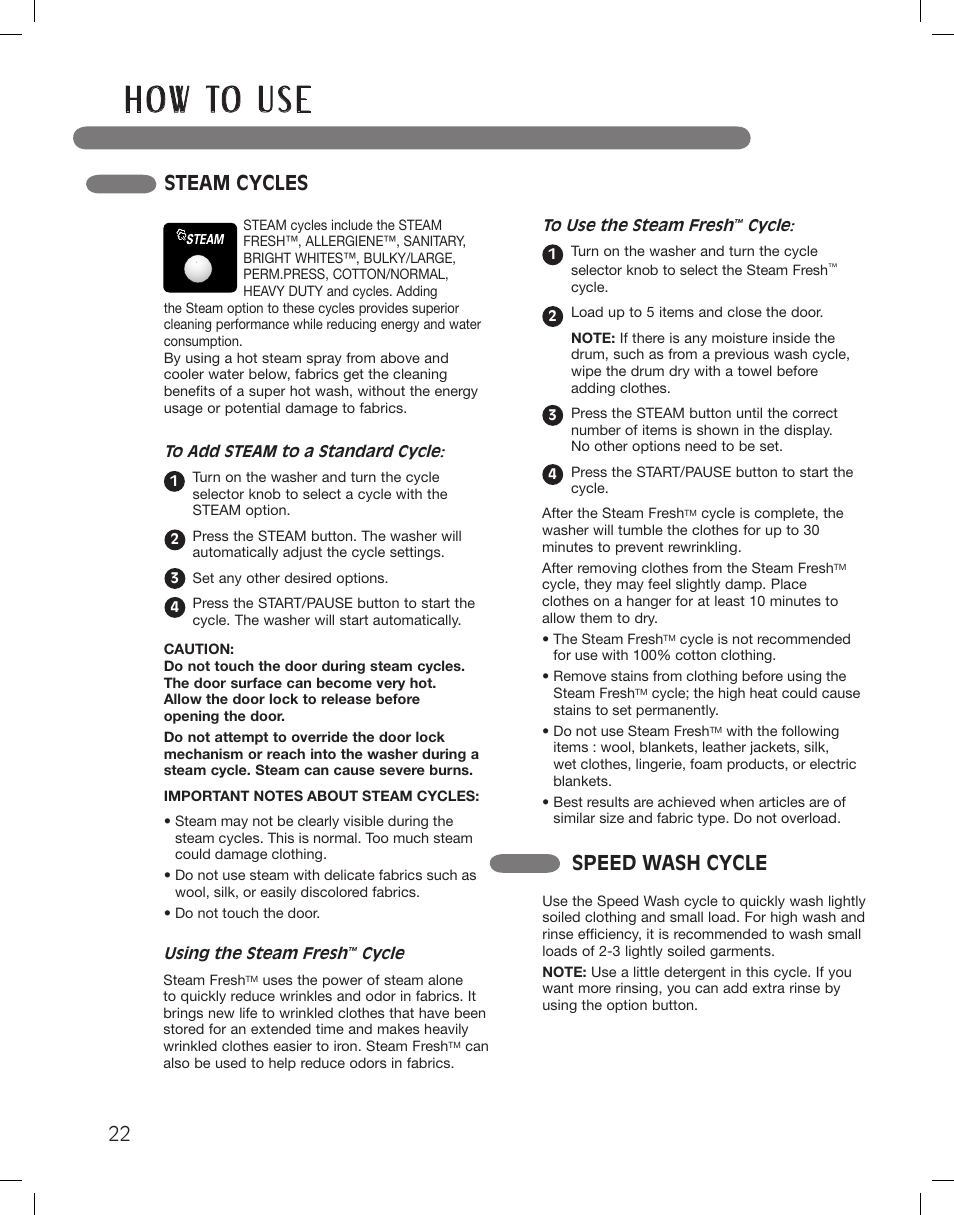 H o w to u s e, Steam cycles speed wash cycle | LG WM3360HWCA User Manual | Page 22 / 108