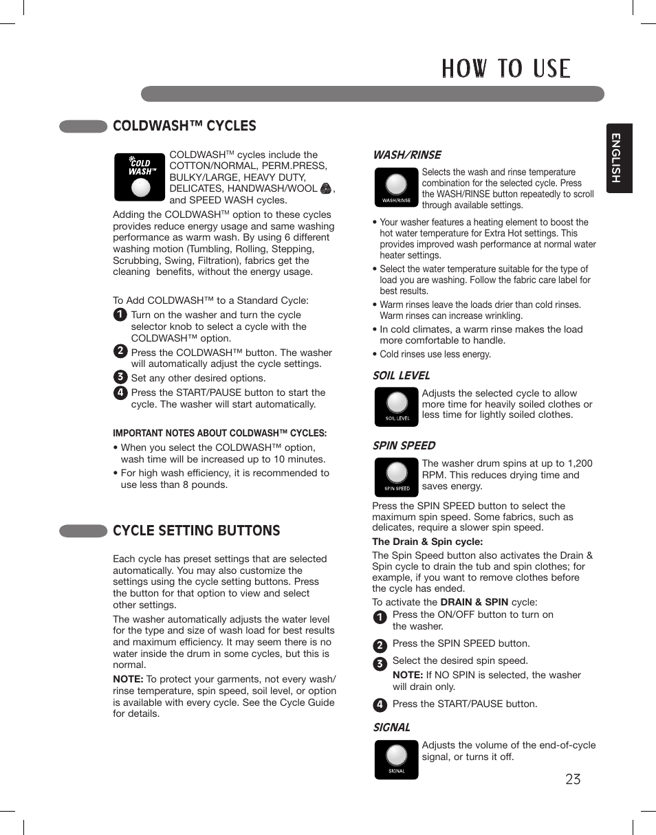 H o w to u s e, Cycle setting buttons, Speed wash cycle | Coldwash™ cycles | LG WM3360HWCA User Manual | Page 23 / 108