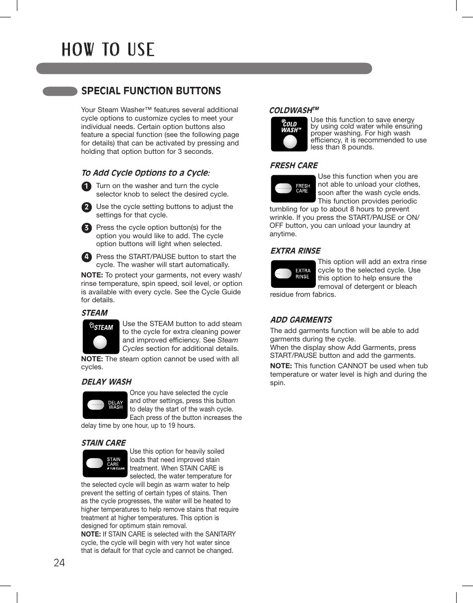 H o w to u s e, Special function buttons | LG WM3360HWCA User Manual | Page 24 / 108