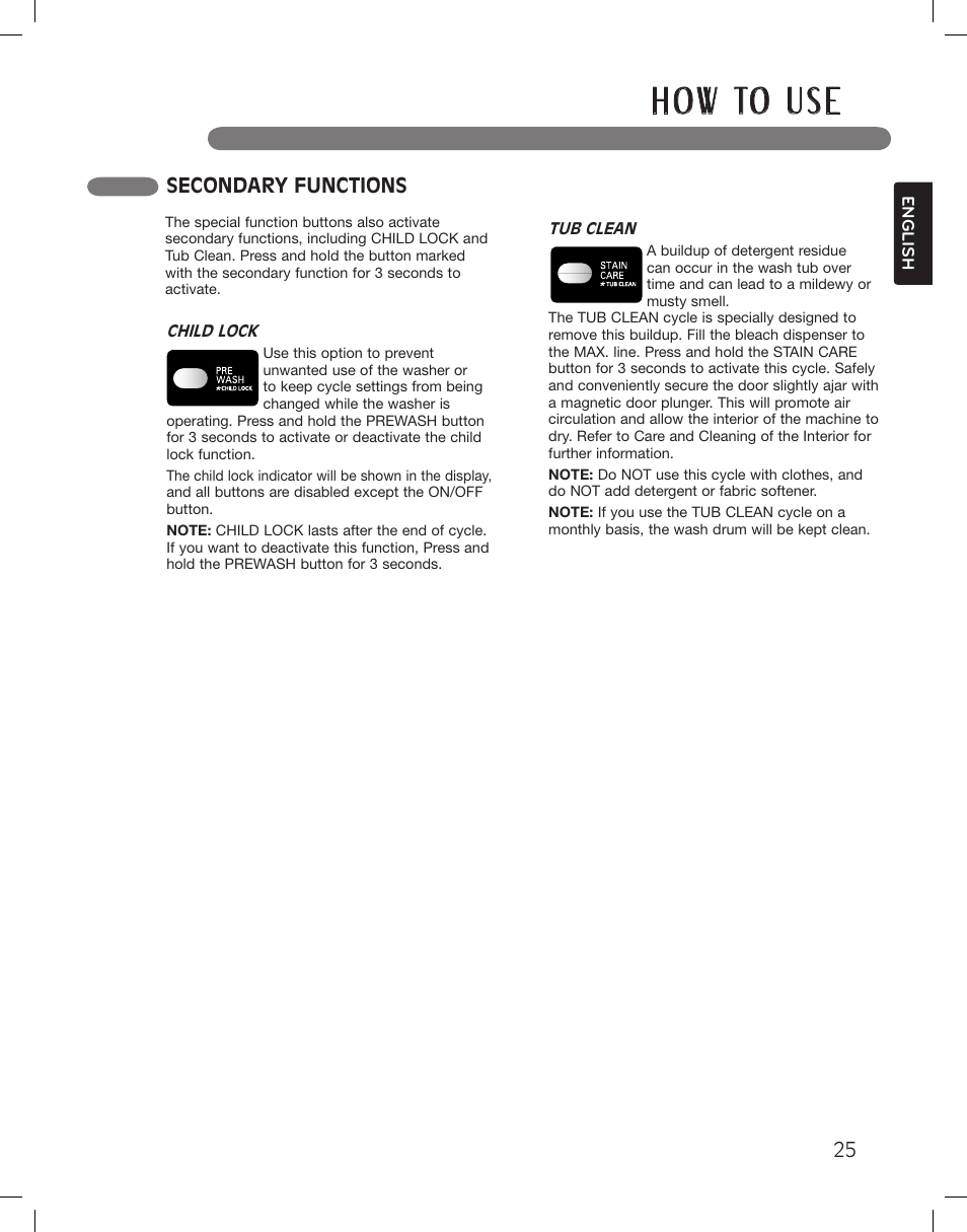 H o w to u s e, Secondary functions | LG WM3360HWCA User Manual | Page 25 / 108