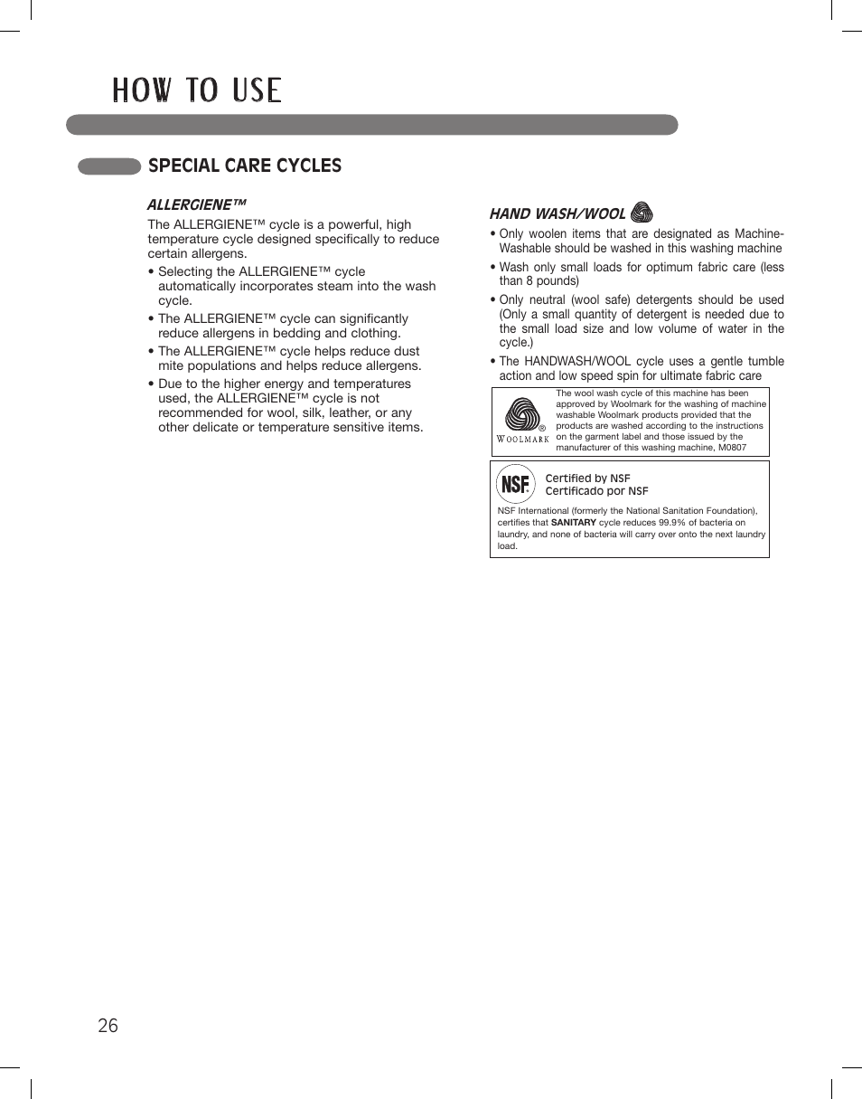 H o w to u s e, Special care cycles | LG WM3360HWCA User Manual | Page 26 / 108