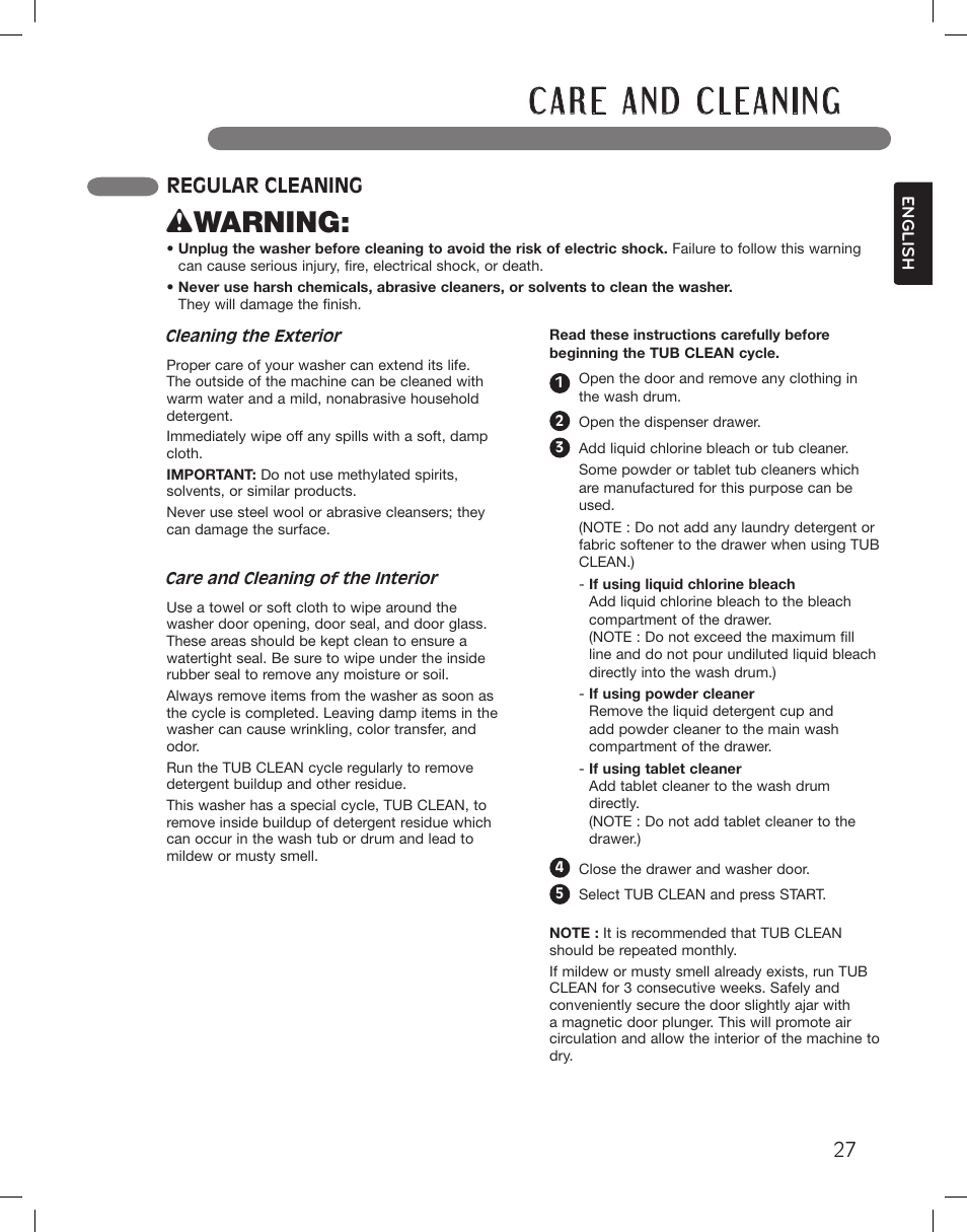 Wwarning, Regular cleaning | LG WM3360HWCA User Manual | Page 27 / 108