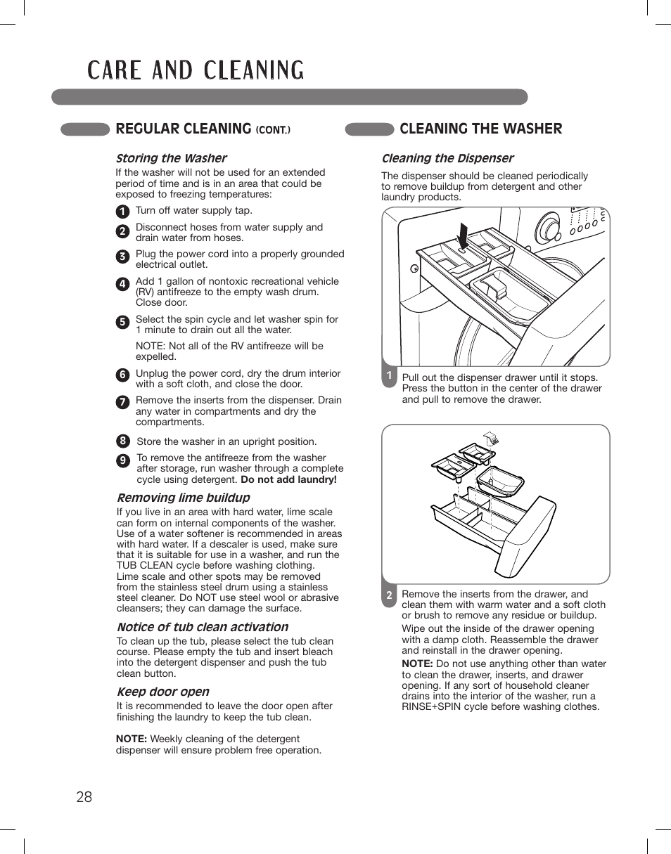 Regular cleaning, Cleaning the washer | LG WM3360HWCA User Manual | Page 28 / 108