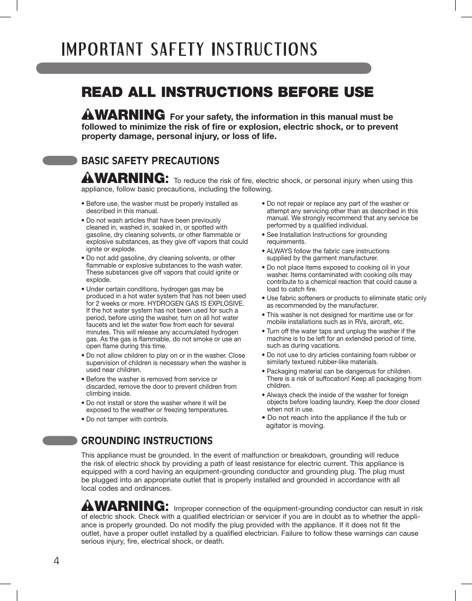 Wwarning, Read all instructions before use, Basic safety precautions | Grounding instructions | LG WM3360HWCA User Manual | Page 4 / 108