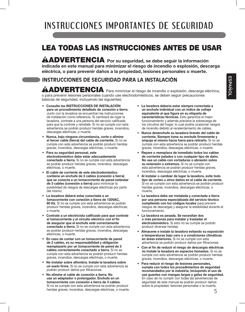 Wadvertencia, Instrucciones de seguridad para la instalación | LG WM3360HWCA User Manual | Page 41 / 108