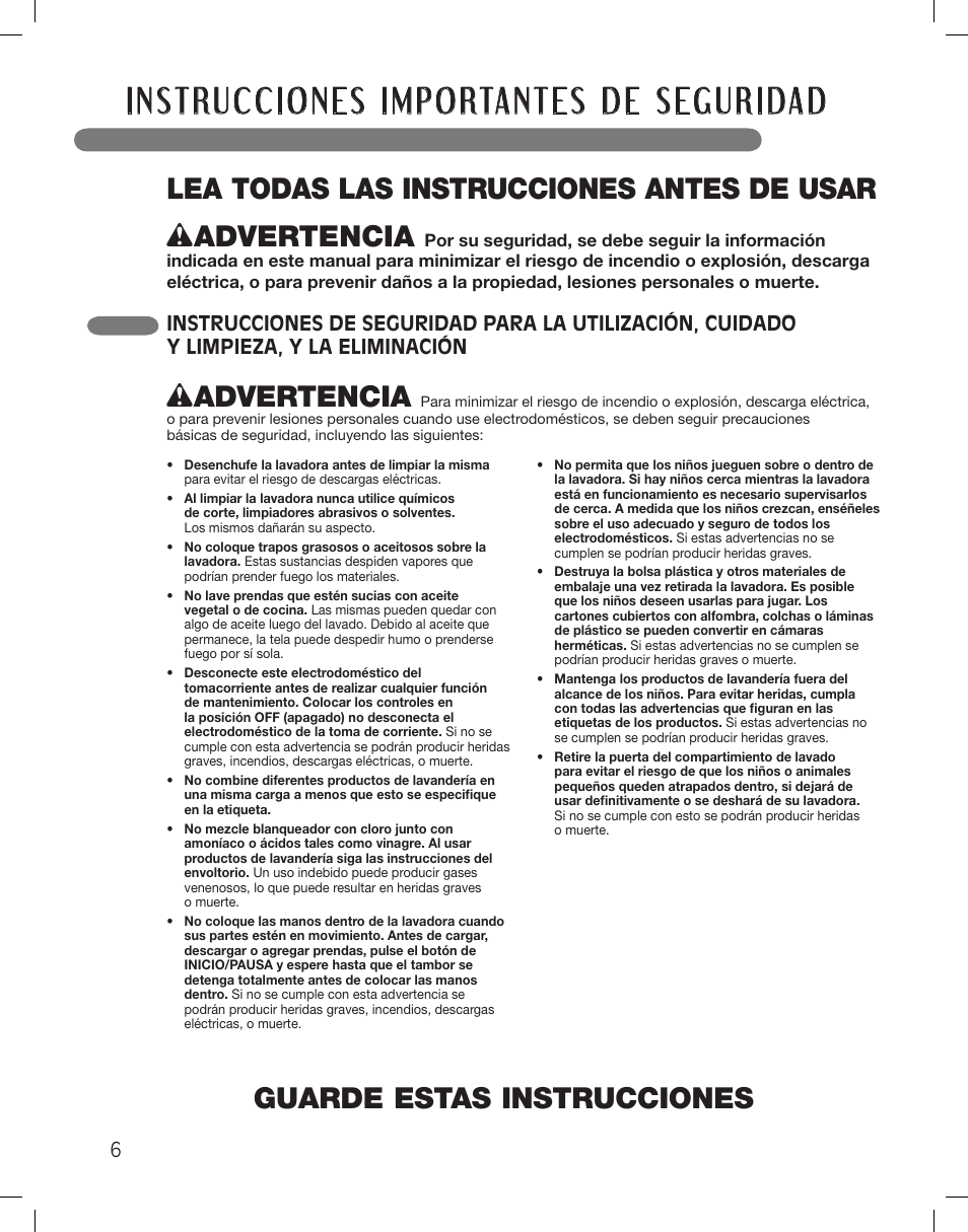 Wadvertencia | LG WM3360HWCA User Manual | Page 42 / 108