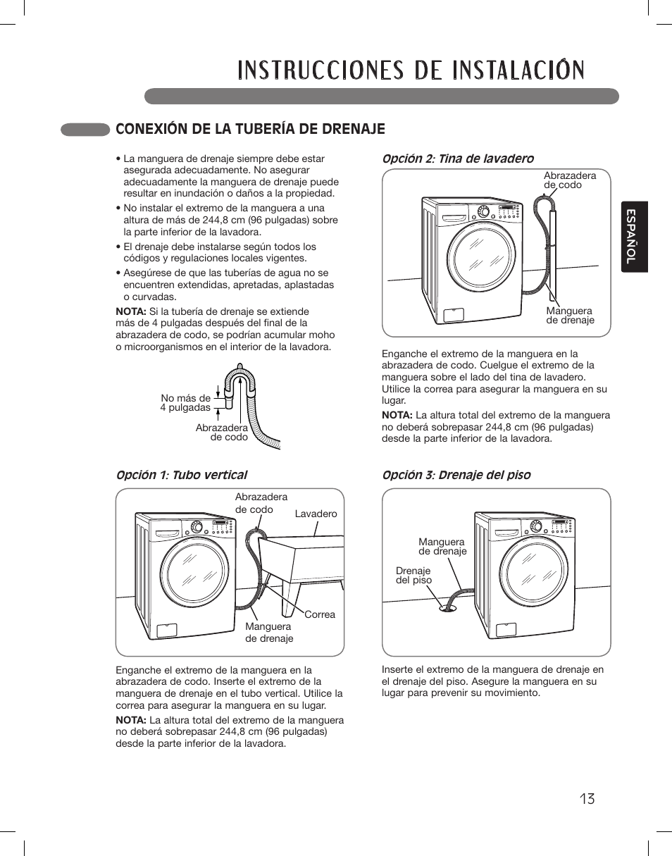 Conexión de la tubería de drenaje | LG WM3360HWCA User Manual | Page 49 / 108