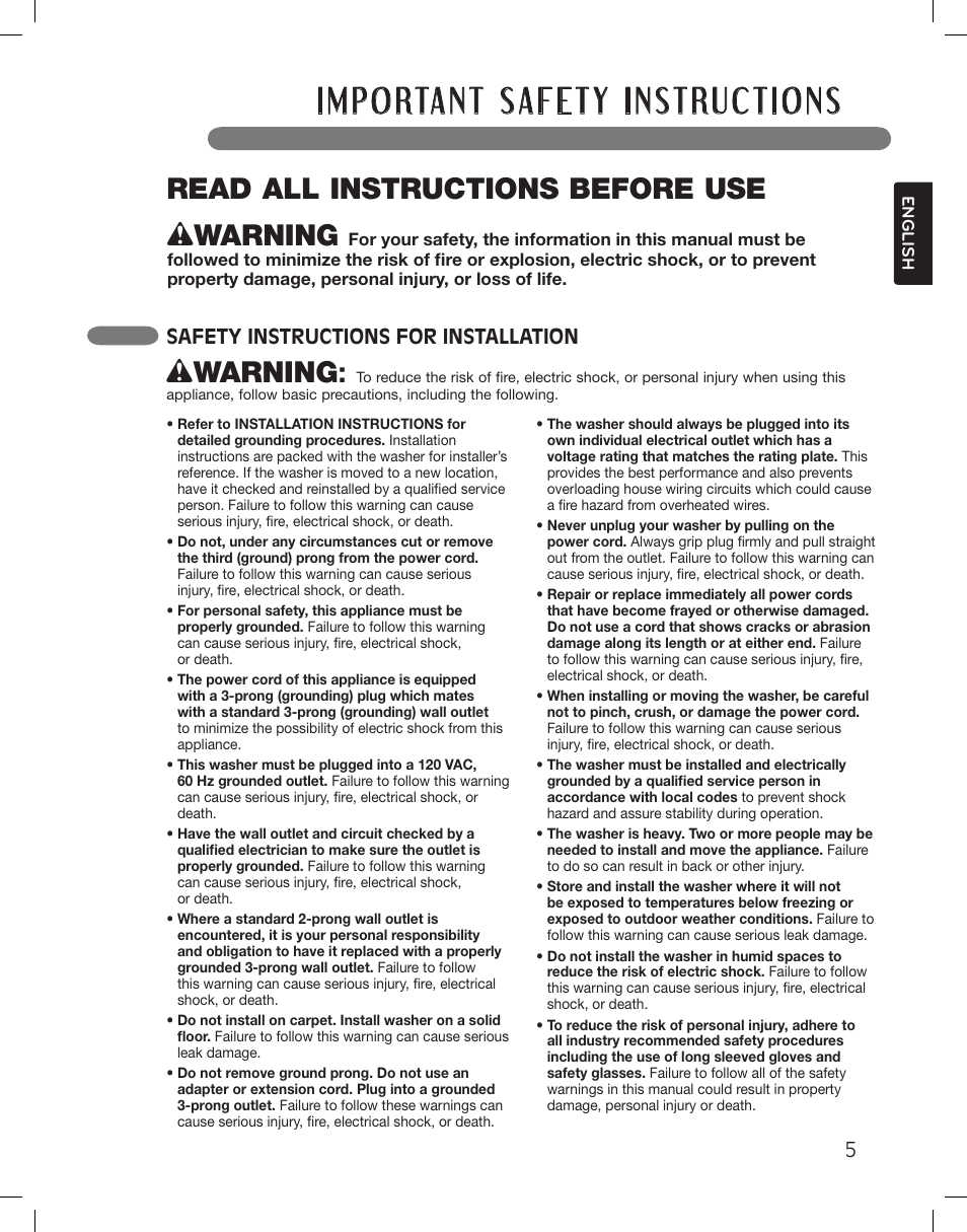 Wwarning, Read all instructions before use, Safety instructions for installation | LG WM3360HWCA User Manual | Page 5 / 108