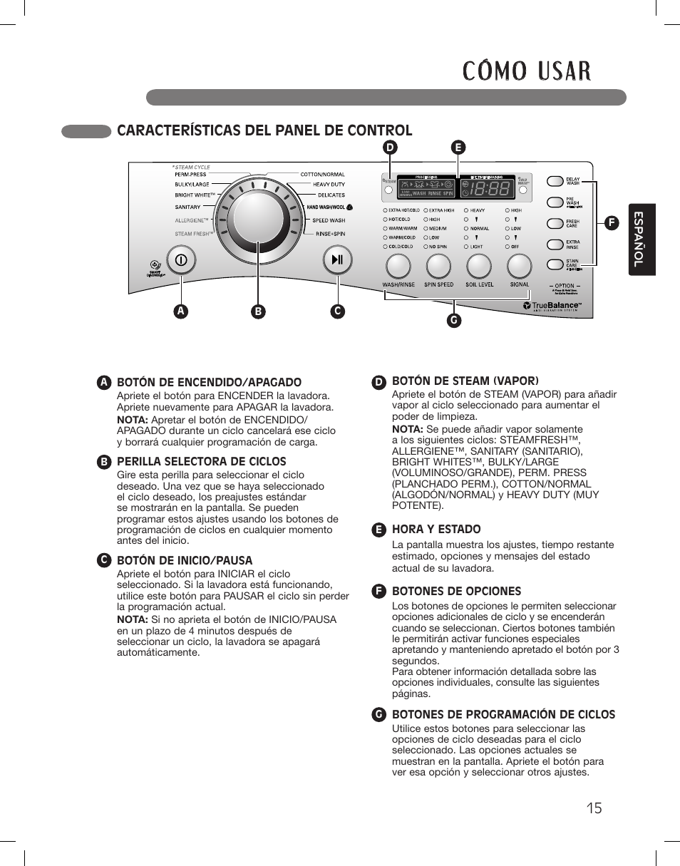 Características del panel de control | LG WM3360HWCA User Manual | Page 51 / 108