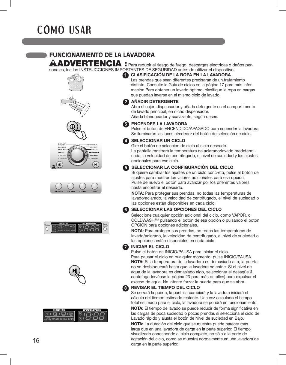 Wadvertencia, Funcionamiento de la lavadora | LG WM3360HWCA User Manual | Page 52 / 108