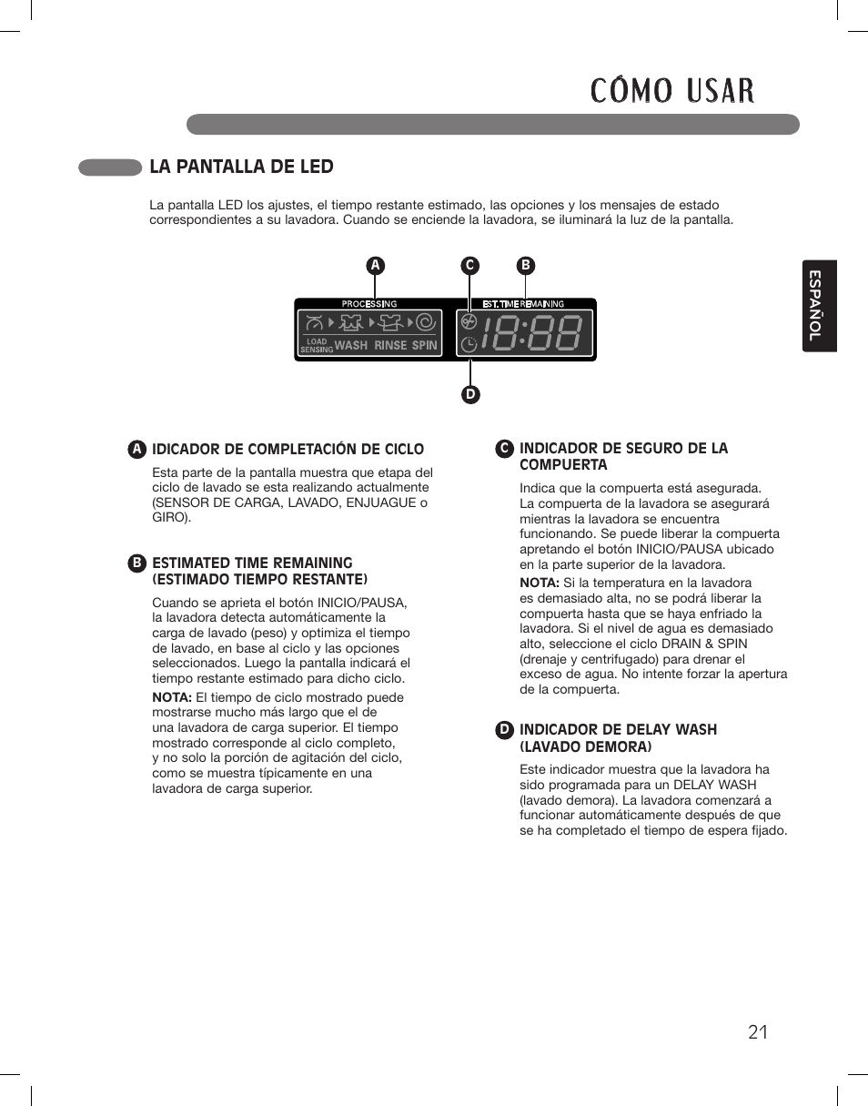 La pantalla de led | LG WM3360HWCA User Manual | Page 57 / 108