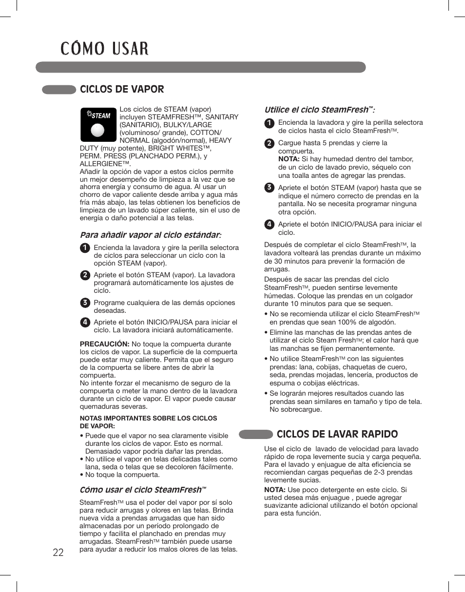 Ciclos de vapor ciclos de lavar rapido | LG WM3360HWCA User Manual | Page 58 / 108