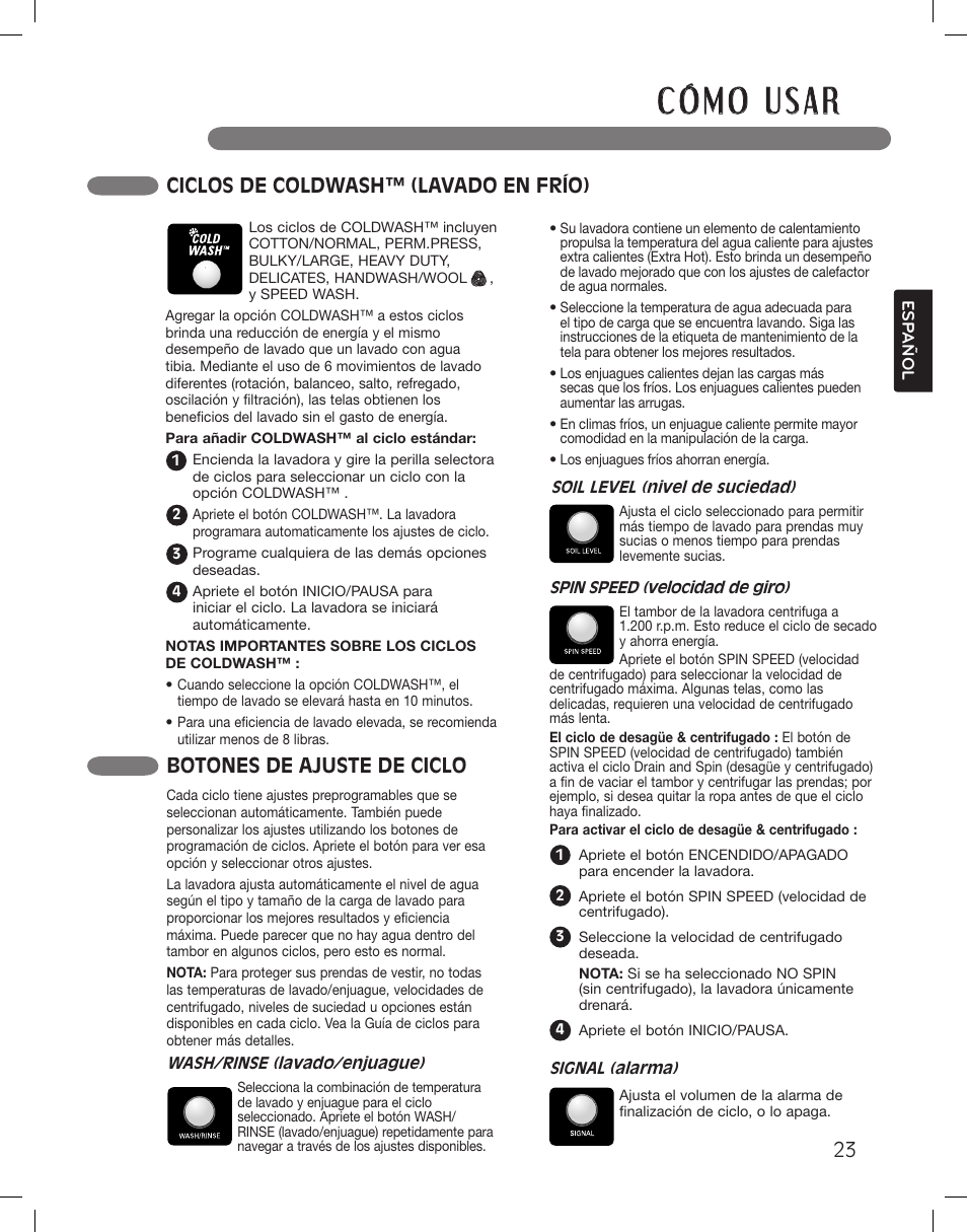 Botones de ajuste de ciclo, Ciclos de coldwash™ (lavado en frío) | LG WM3360HWCA User Manual | Page 59 / 108