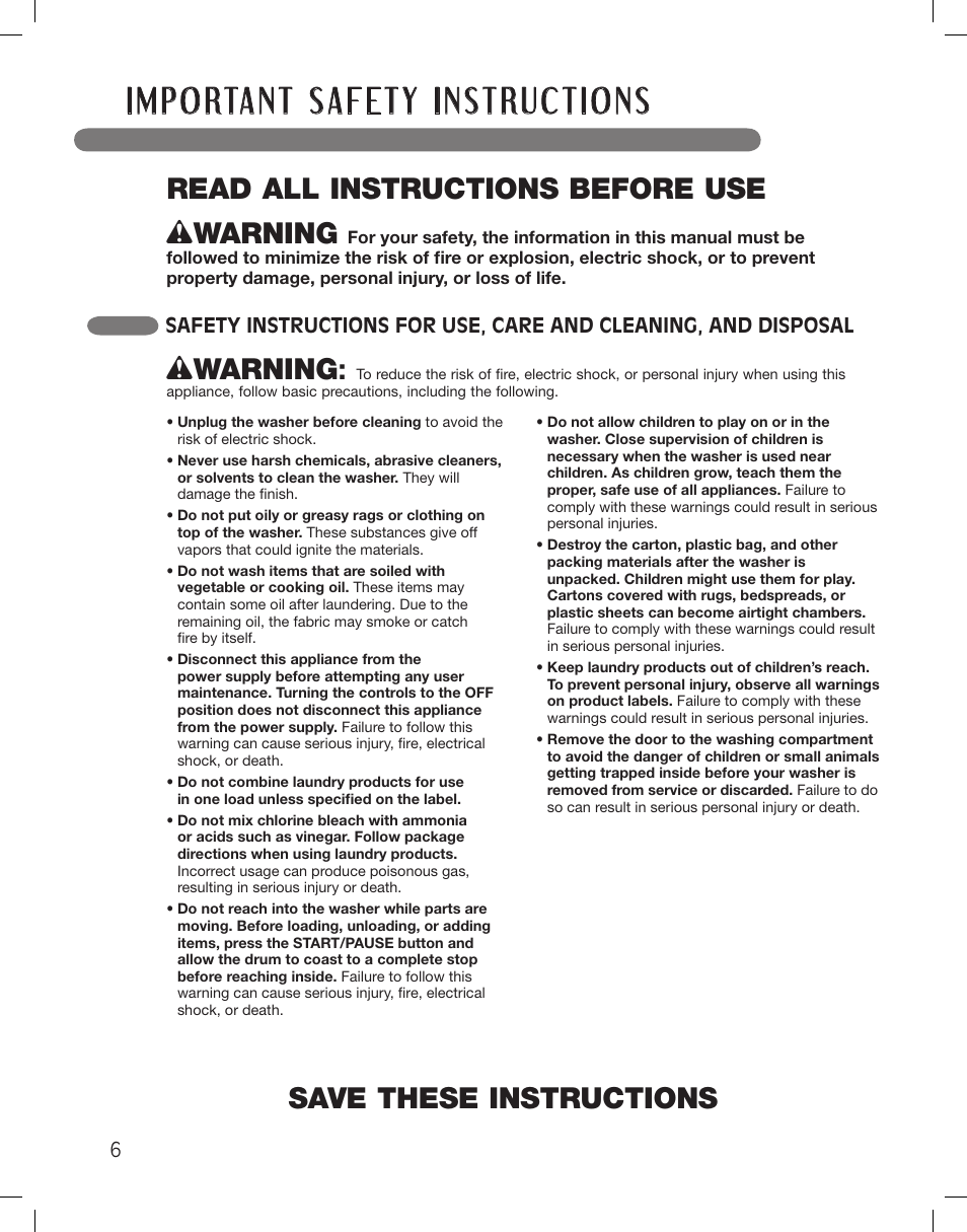 Wwarning | LG WM3360HWCA User Manual | Page 6 / 108
