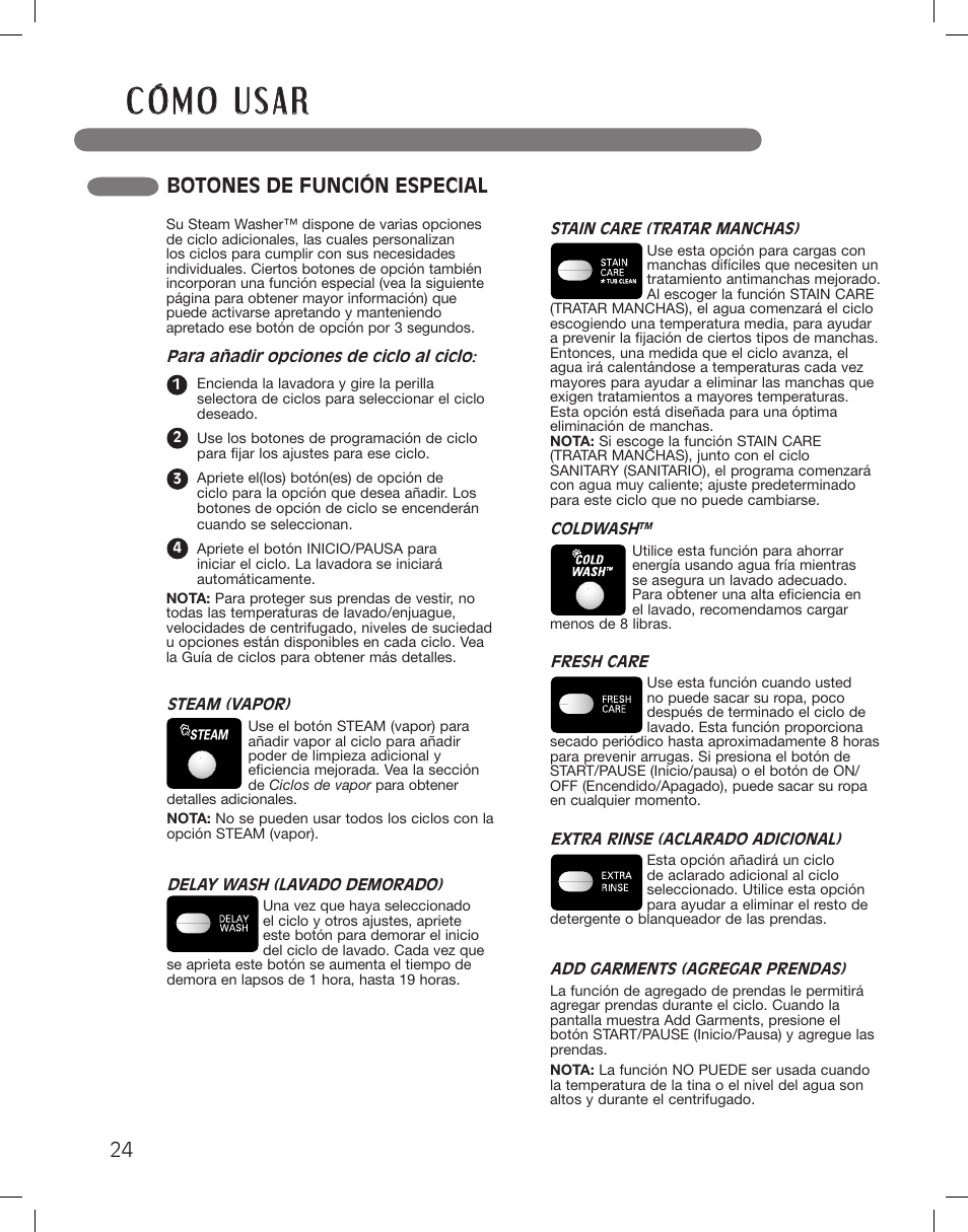 Botones de función especial | LG WM3360HWCA User Manual | Page 60 / 108