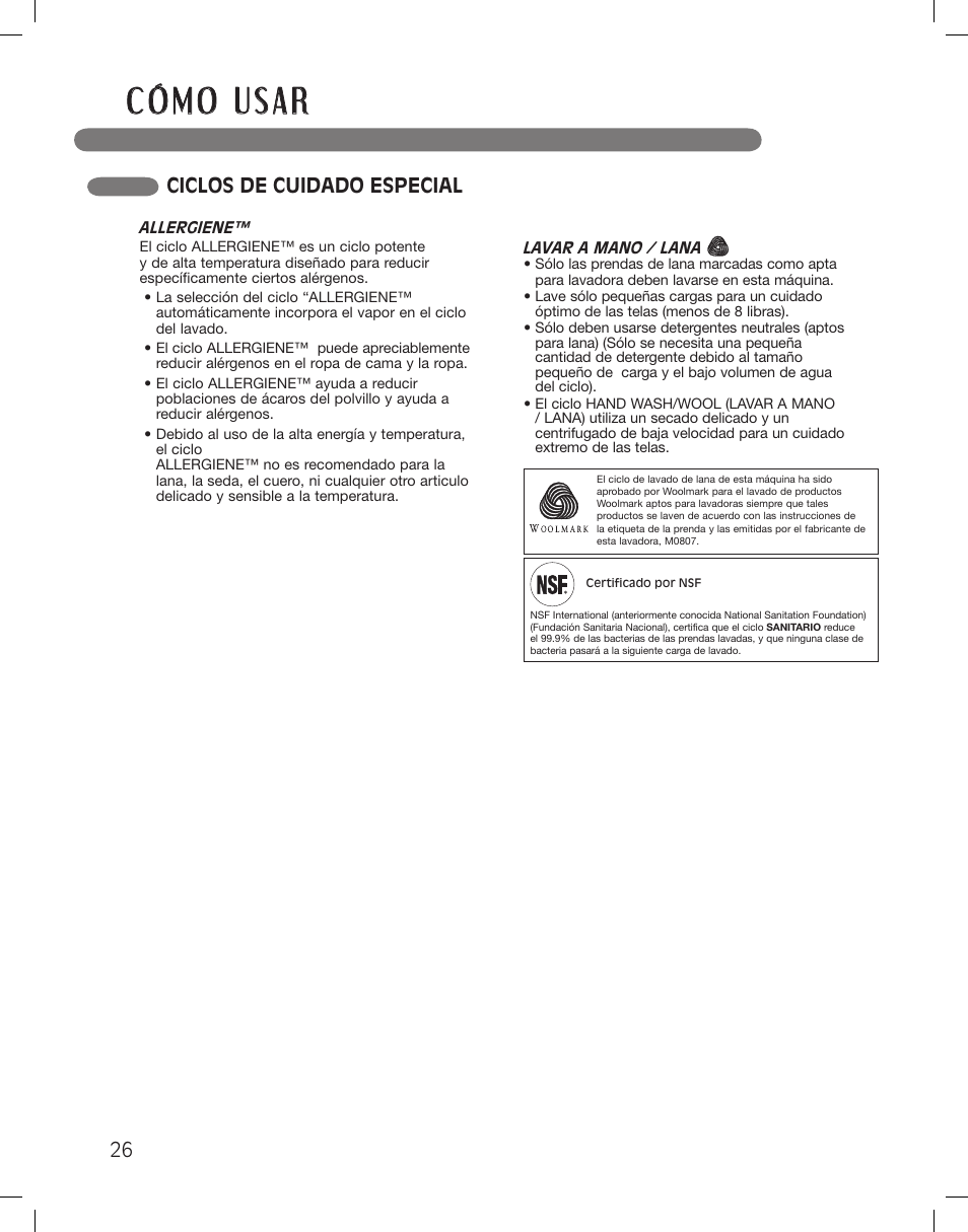 Ciclos de cuidado especial | LG WM3360HWCA User Manual | Page 62 / 108