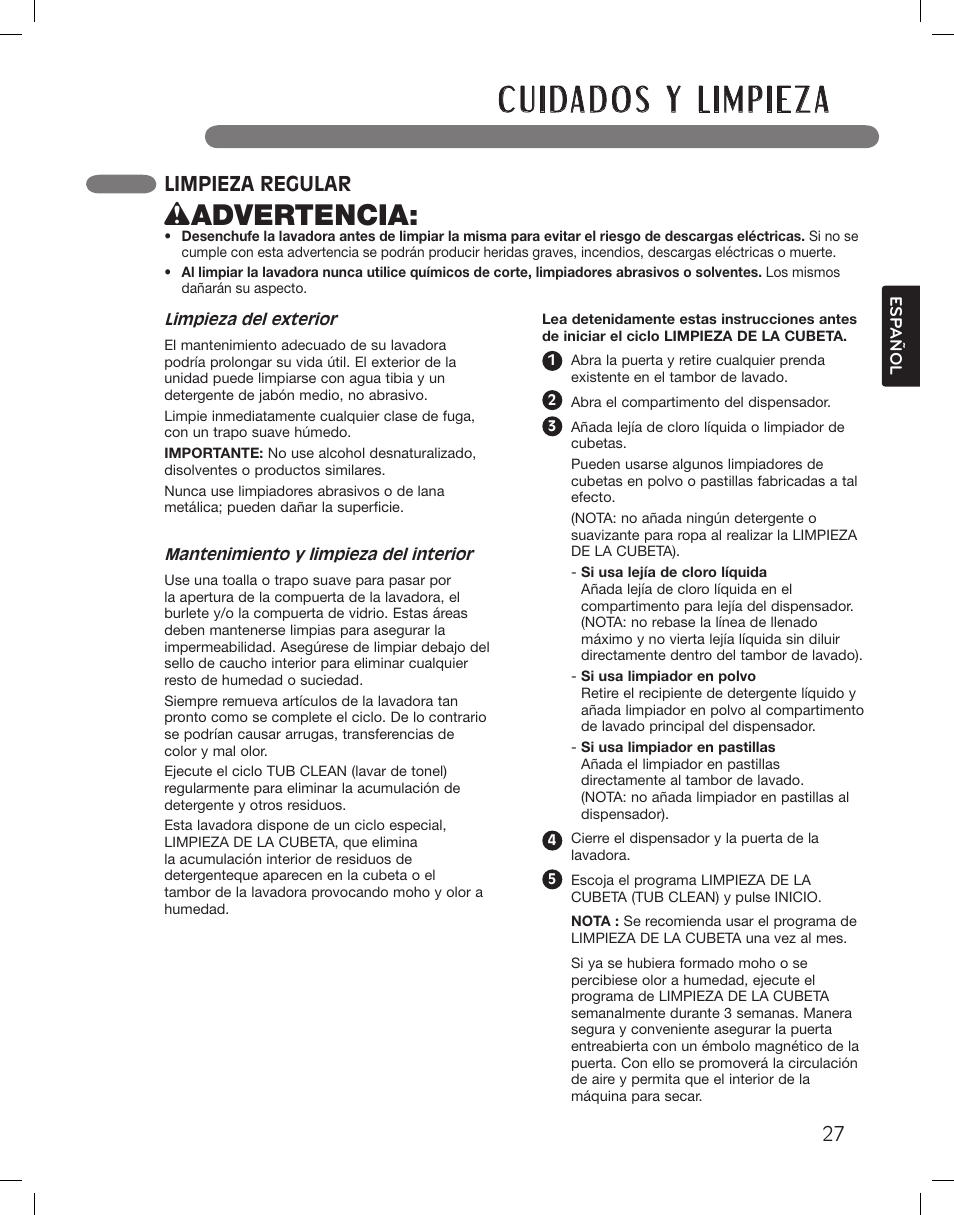 Wadvertencia, Limpieza regular | LG WM3360HWCA User Manual | Page 63 / 108