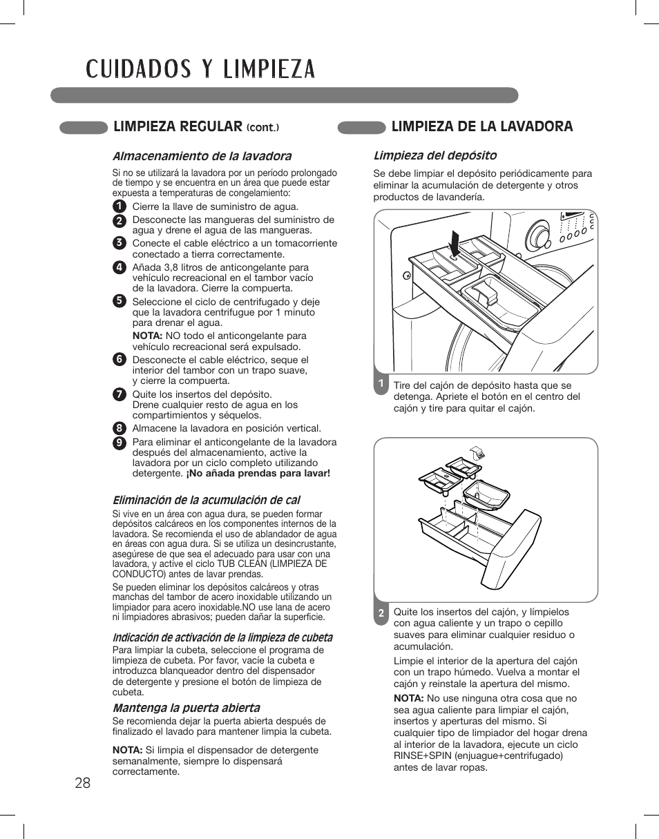 Limpieza regular, Limpieza de la lavadora | LG WM3360HWCA User Manual | Page 64 / 108