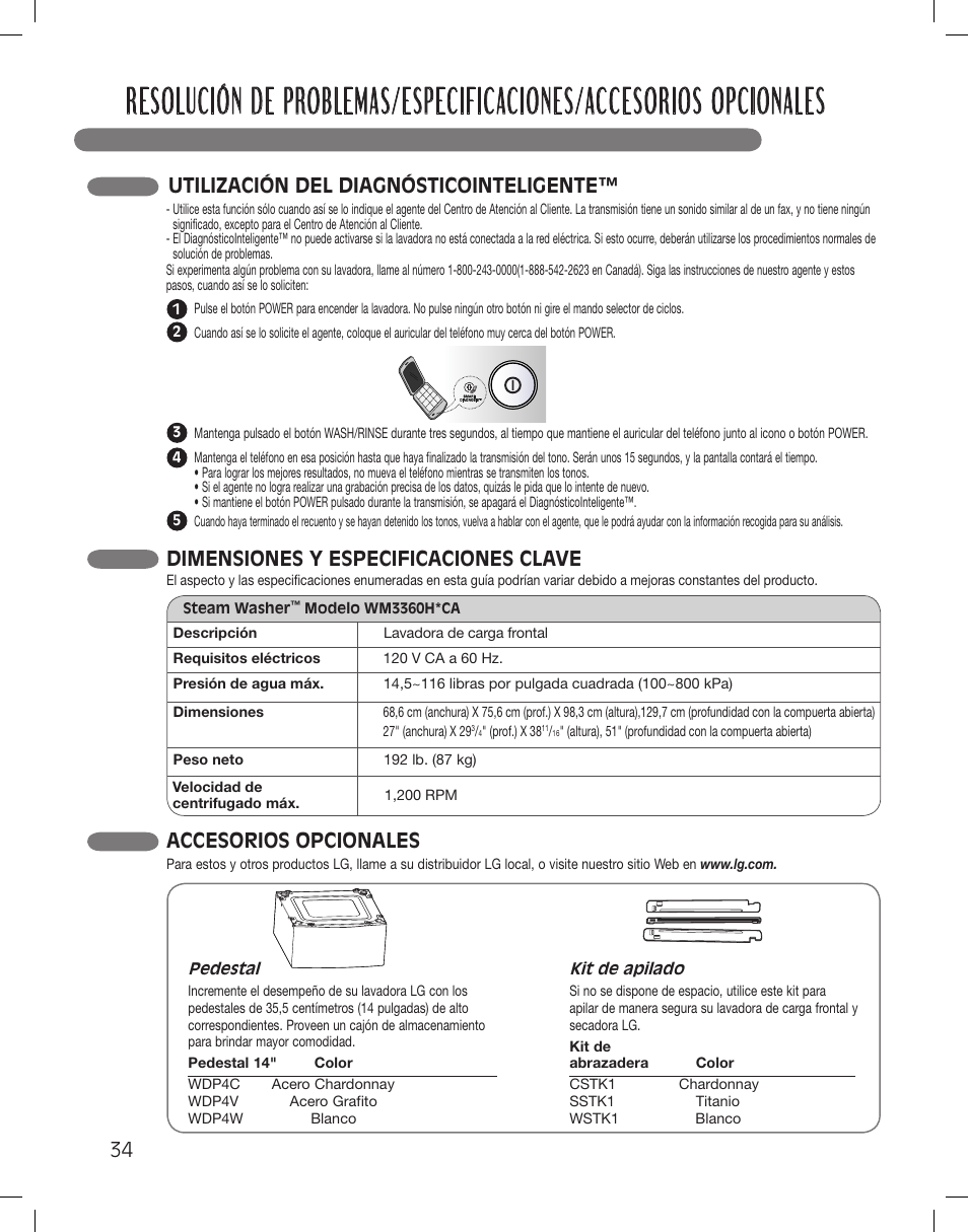 Accesorios opcionales, Dimensiones y especificaciones clave, Utilización del diagnósticointeligente | LG WM3360HWCA User Manual | Page 70 / 108