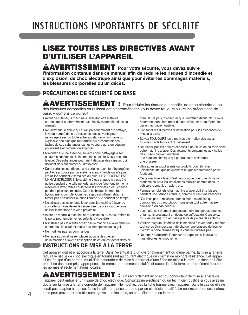 Wavertissement, Instructions de mise à la terre, Précautions de sécurité de base | LG WM3360HWCA User Manual | Page 76 / 108