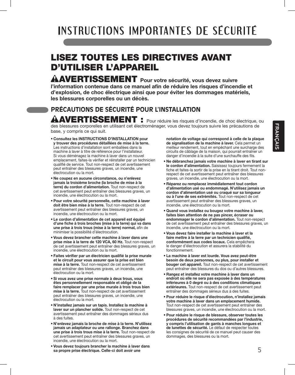 Wavertissement, Précautions de sécurité pour l’installation | LG WM3360HWCA User Manual | Page 77 / 108