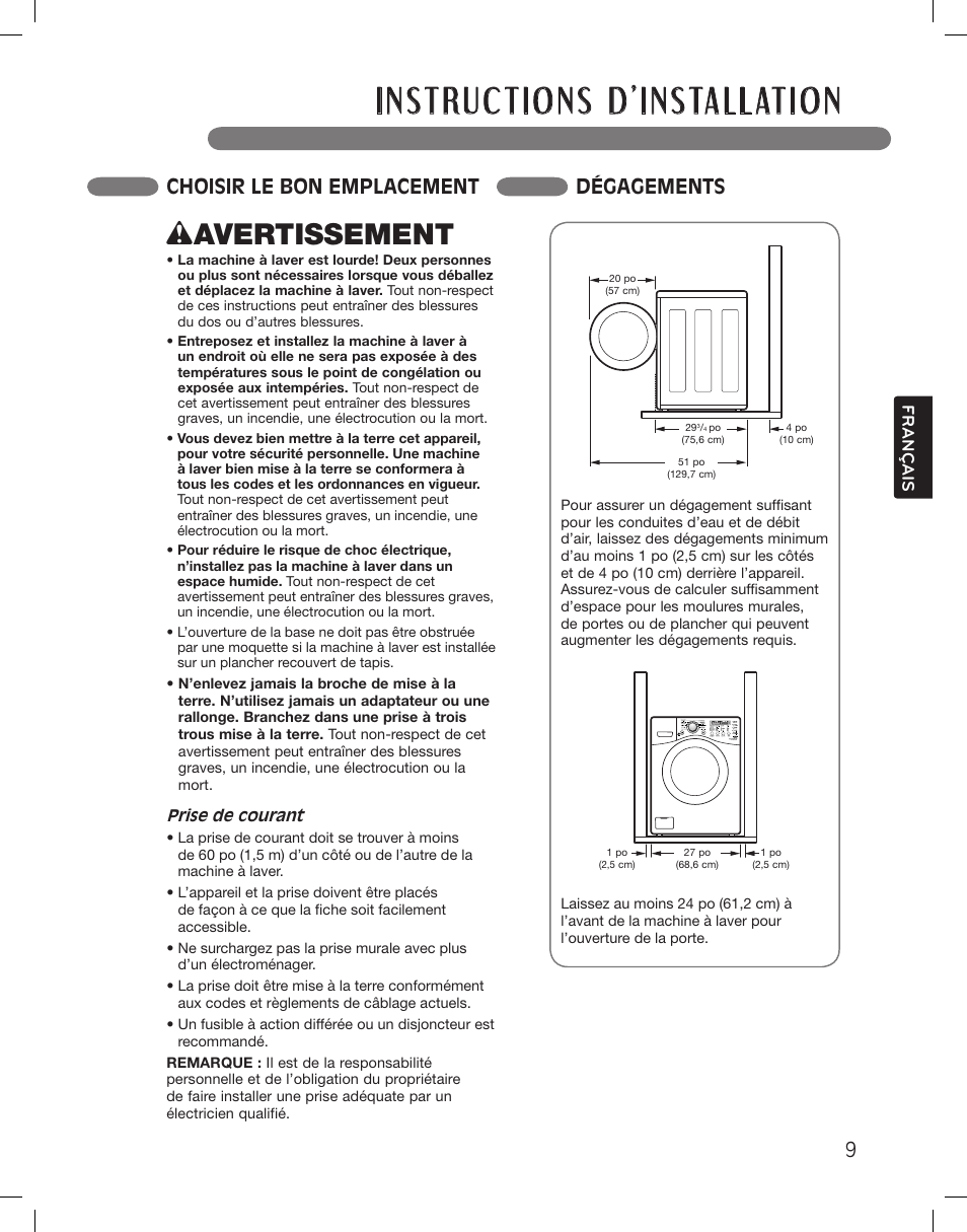 Wavertissement, Choisir le bon emplacement dégagements | LG WM3360HWCA User Manual | Page 81 / 108