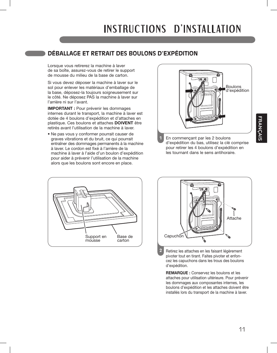 Déballage et retrait des boulons d’expédition | LG WM3360HWCA User Manual | Page 83 / 108