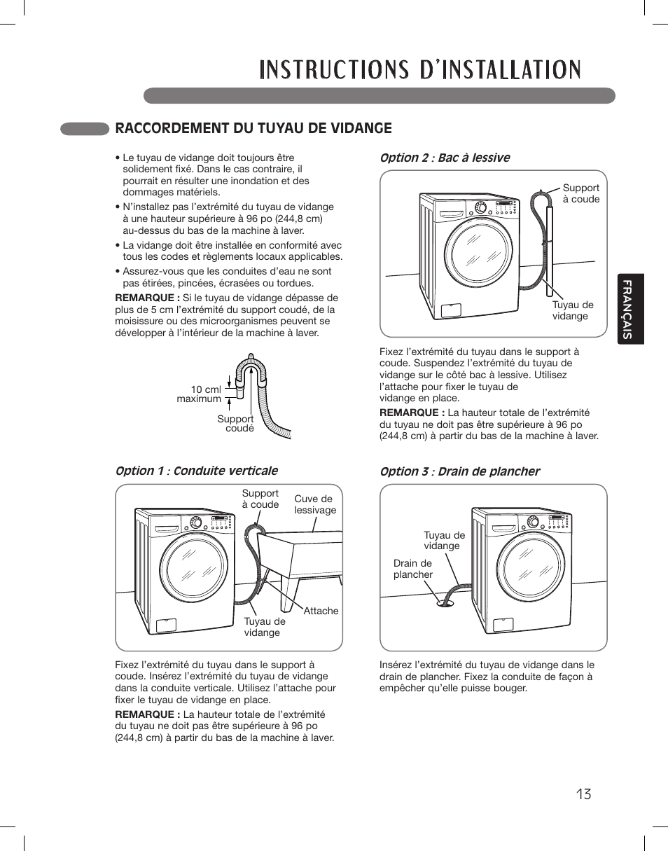 Raccordement du tuyau de vidange | LG WM3360HWCA User Manual | Page 85 / 108