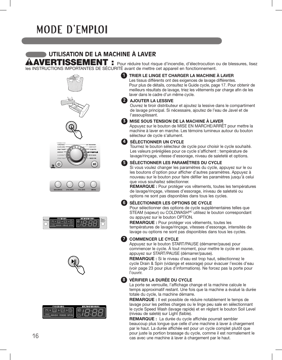 Wavertissement, Utilisation de la machine à laver | LG WM3360HWCA User Manual | Page 88 / 108