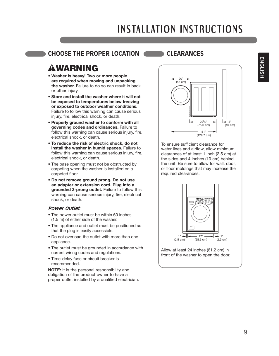 Wwarning, Choose the proper location clearances | LG WM3360HWCA User Manual | Page 9 / 108