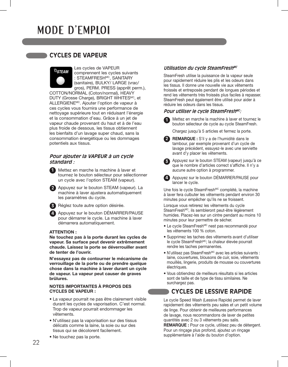 Cycles de vapeur cycles de lessive rapide | LG WM3360HWCA User Manual | Page 94 / 108