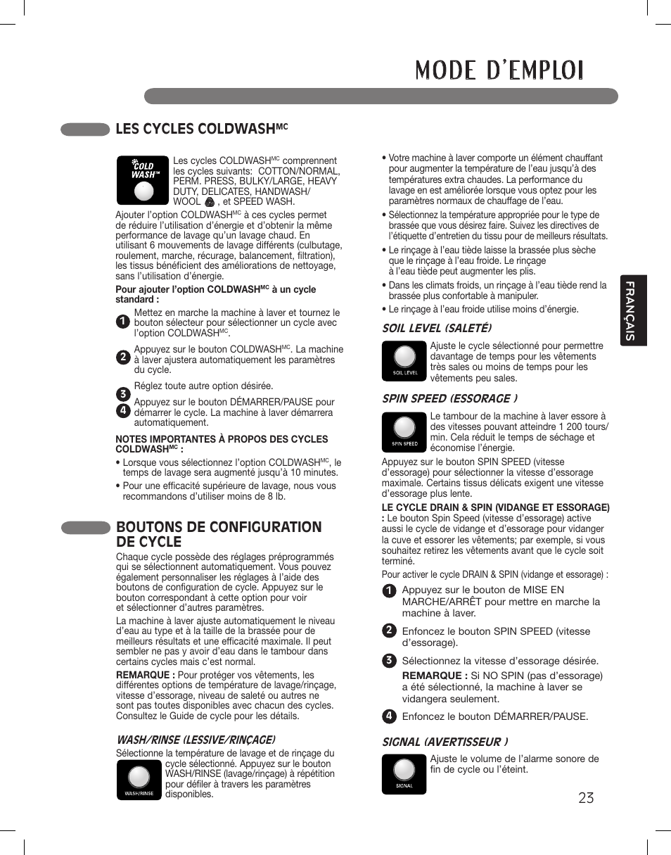 Les cycles coldwash, Boutons de configuration de cycle | LG WM3360HWCA User Manual | Page 95 / 108