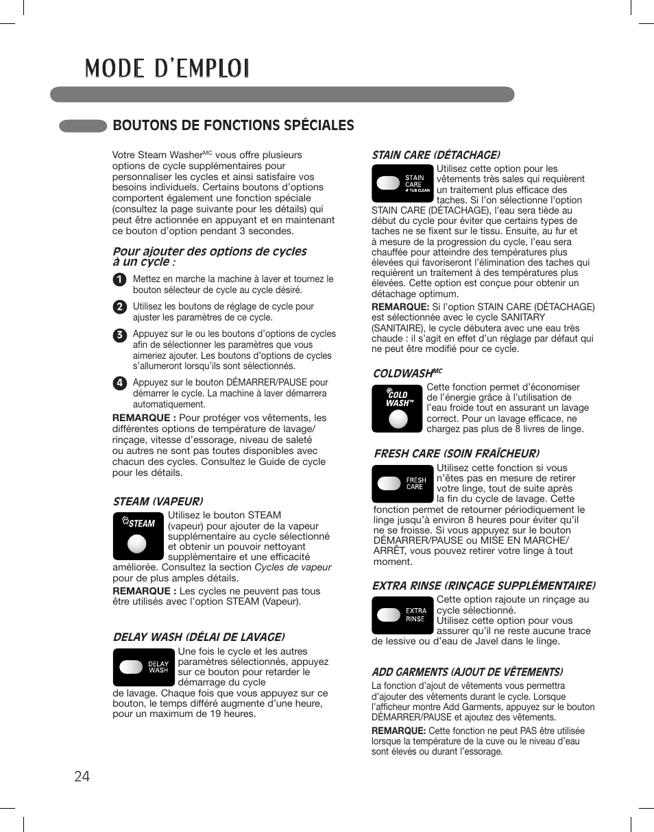 Boutons de fonctions spéciales | LG WM3360HWCA User Manual | Page 96 / 108