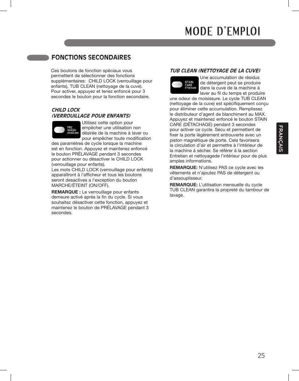 Fonctions secondaires | LG WM3360HWCA User Manual | Page 97 / 108