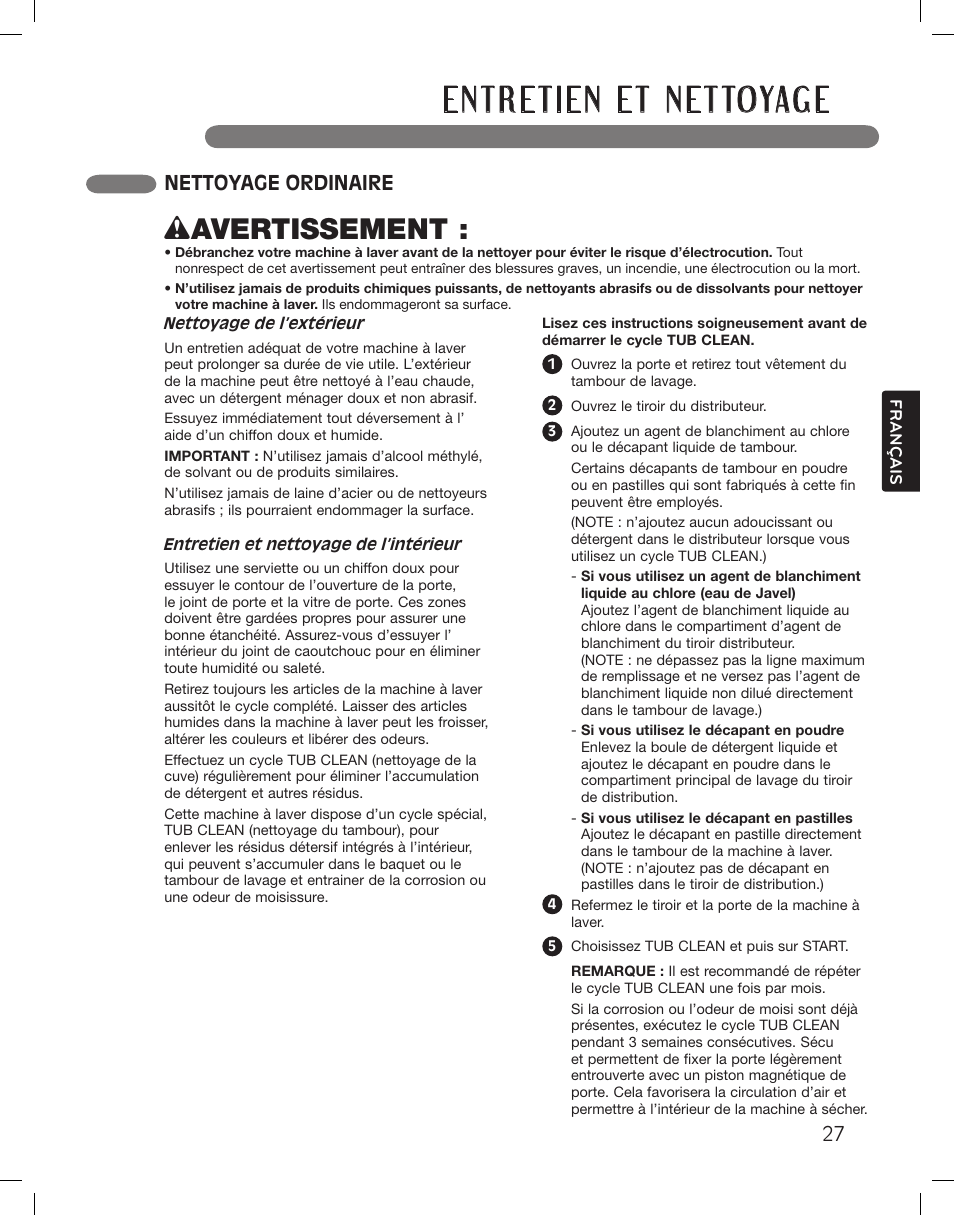 Wavertissement, Nettoyage ordinaire | LG WM3360HWCA User Manual | Page 99 / 108