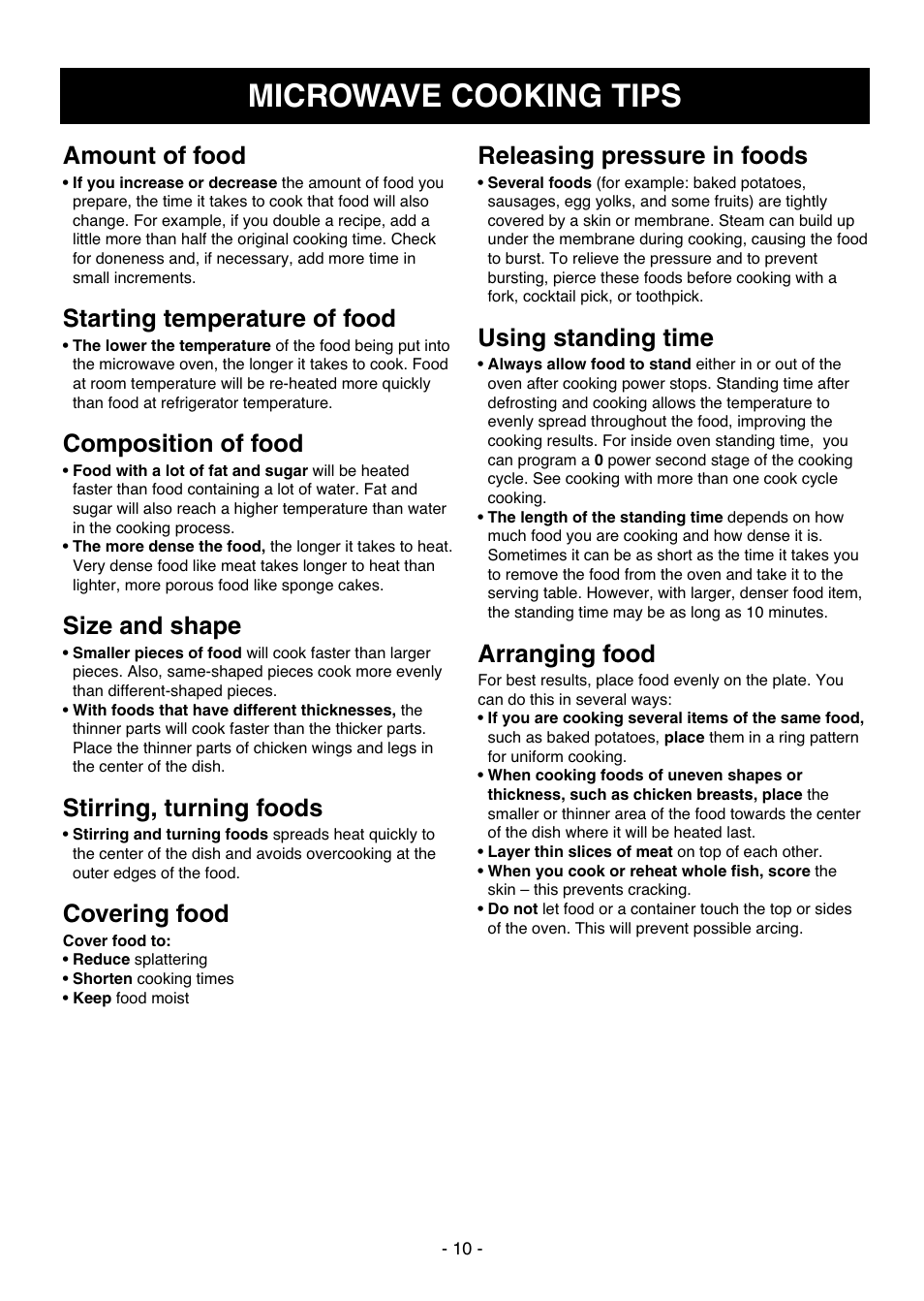 Microwave cooking tips, Amount of food, Starting temperature of food | Composition of food, Size and shape, Stirring, turning foods, Covering food, Releasing pressure in foods, Using standing time, Arranging food | LG LCSC1513ST User Manual | Page 10 / 40