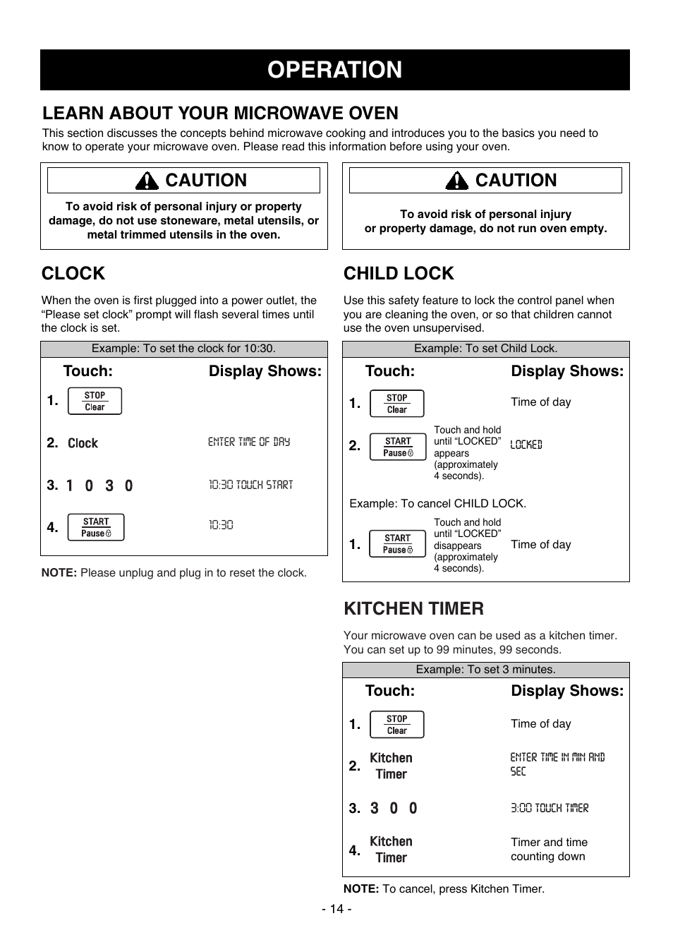 Operation, Learn about your microwave oven, Caution | Caution clock, Kitchen timer, Child lock | LG LCSC1513ST User Manual | Page 14 / 40