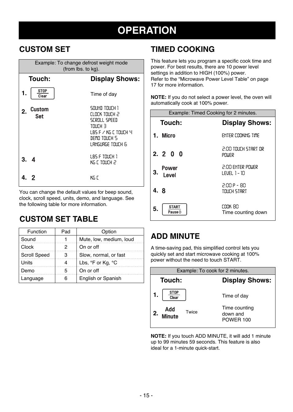 Operation, Custom set table, Custom set | Add minute, Timed cooking | LG LCSC1513ST User Manual | Page 15 / 40